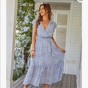 Pretty Garden~Floral Wrap V Neck Hem A-Line Bohemian Maxi Dress